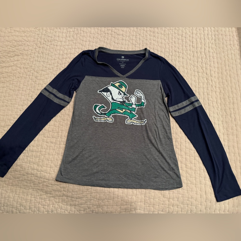 Long Sleeved Notre Dame Shirt with Rhinestone Decorated Leprechaun - Women’s M